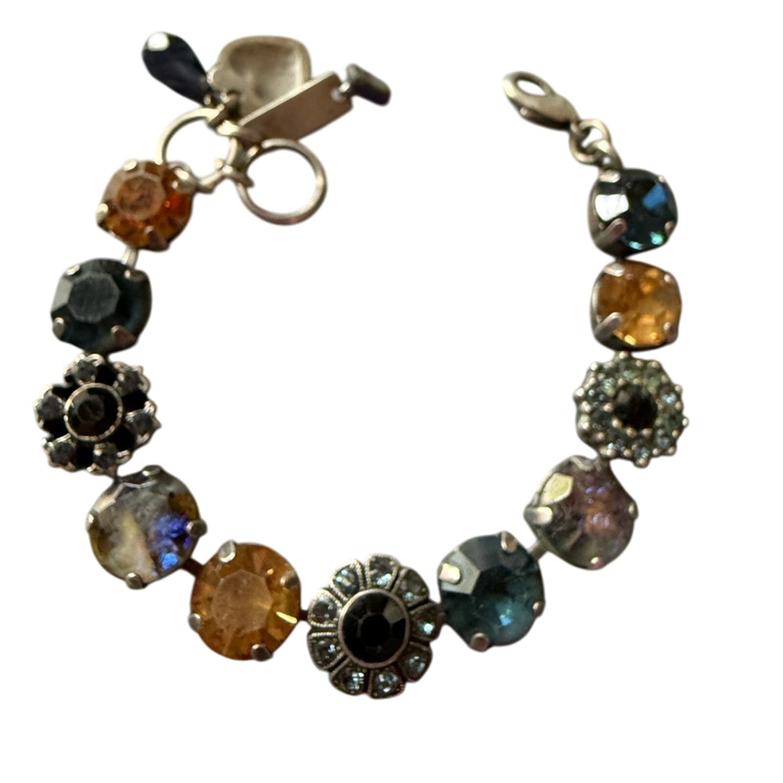 Mariana Large Flower Crystal Heart Charm Tennis Bracelet